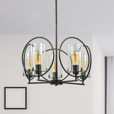 

5-Head Ceiling Chandelier Farm Living Room Circle Pendant Light Kit with Cylinder Clear Glass Shade in Black, HL693248