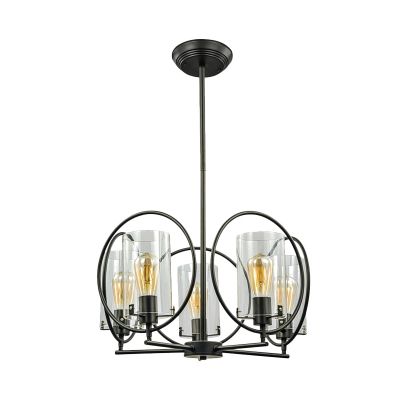 5-Head Ceiling Chandelier Farm Living Room Circle Pendant Light Kit with Cylinder Clear Glass Shade in Black