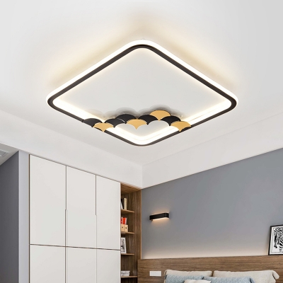 Acrylic Round/Square Flush Light Nordic LED Black Close to Ceiling Lamp with Leaf/Geometric Pattern for Bedroom