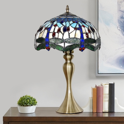 Baroque Dome Night Lighting Mediterranean 1 Light Blue Hand Cut Glass Dragonfly Patterned Nightstand Lamp
