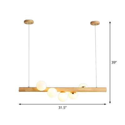 Beige Linear Hanging Light Fixture Nordic 5 Heads Wood Island Pendant with Ball Ivory Glass Shade