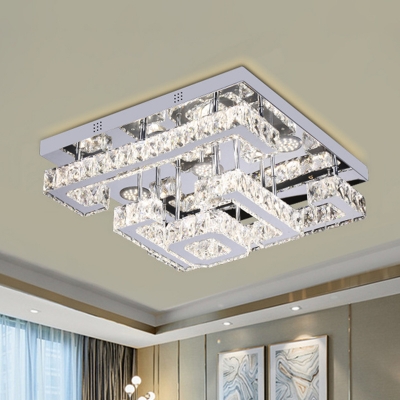 Beveled Crystal Squared Semi Flush Contemporary LED Ceiling Lighting in Chrome for Living Room