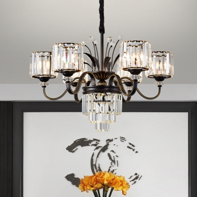 Black Cylinder Chandelier Lamp Simple 3/6/8-Light Clear Crystal Hanging Ceiling Light with Curved Arm