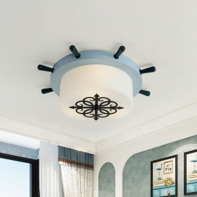 Frosted Glass Drum Ceiling Light Modernism LED Flush Mount Lighting with Rudder Canopy Design in Brown/Blue