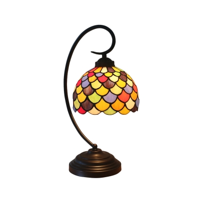Bowl Night Table Lighting 1 Light Cut Glass Tiffany Desk Lamp in Bronze with Fishscale Pattern