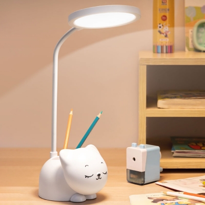 Cartoon Circular Desk Lamp Plastic Study Room LED Night Table Light with Cat Tubular Penrack Design in White