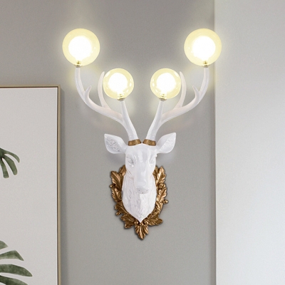 Clear Glass Globe Wall Lighting Ideas Rustic 4-Head Living Room Wall Light Sconce with White Resin Deer Head Backplate