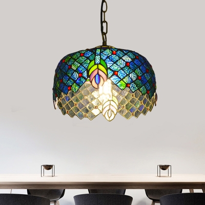 Cylinder Hanging Pendant Light 1 Light Cut Glass Victorian Suspension Lamp in Blue with Peacock Tail Pattern
