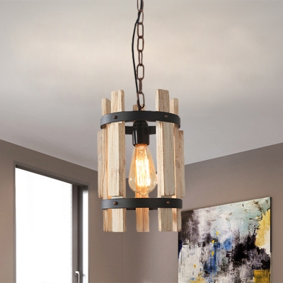 Cylinder Wood Hanging Light Fixture Factory 1 Head Dining Room Pendant Lighting in Beige/Brown with Metal Ring