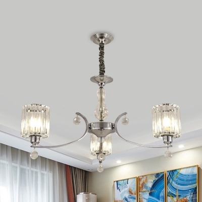 Cylindrical Bedroom Drop Lamp Crystal Prism 3-Head Modern Style Chandelier in Chrome