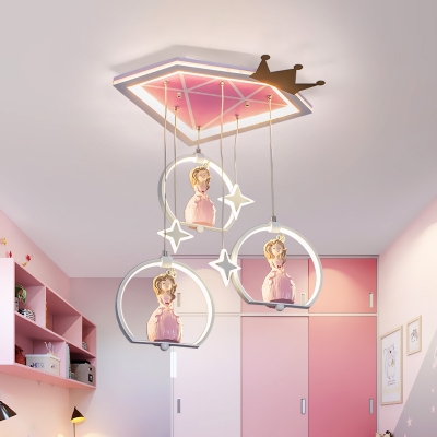 Diamond Girl's Bedroom Flush Mount Light Metal Cartoon LED Ceiling Lamp in Pink-White with Princess Drops