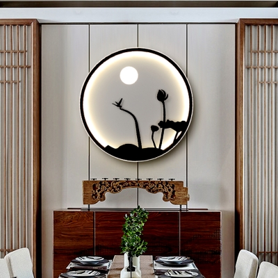 Fabric Hill and Birds/Flower Wall Sconce Chinese LED Round Wall Mural Lighting in Black for Dining Room