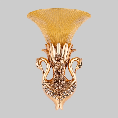 Flared Yellow Glass Wall Light Sconce Countryside 1-Head Living Room Wall Mount Lighting with Peacock Decor in Gold