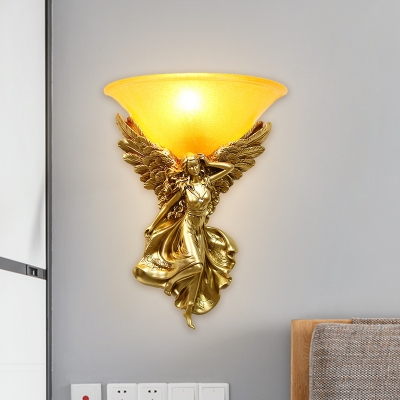 Frosted Glass Bell Wall Mount Light Country 1 Light Corridor Sconce with White/Gold Resin Angel Deco, Right/Left