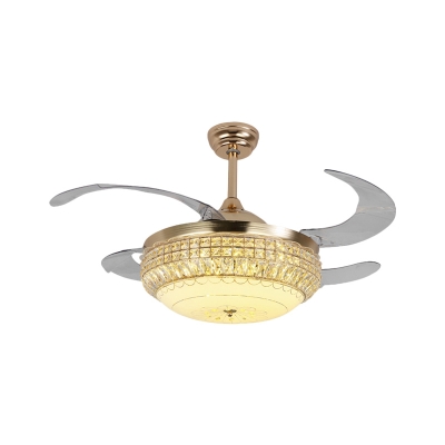 Gold Bowl Shade Fan Light Kit Contemporary 4-Blade LED Crystal Semi Flush Mount Lighting, 19