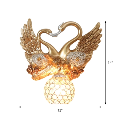 Gold Dome Wall Sconce Lighting Contemporary Crystal 1-Head Indoor Wall Lamp with Dual Swan Backplate