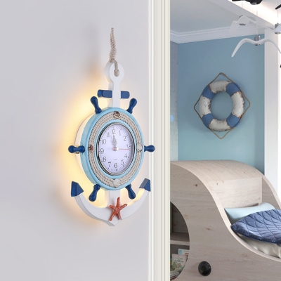 Kids Anchor Wall Mount Lighting Metal LED Bedside Wall Sconce with Rudder Clock Design in Blue, Warm/White Light