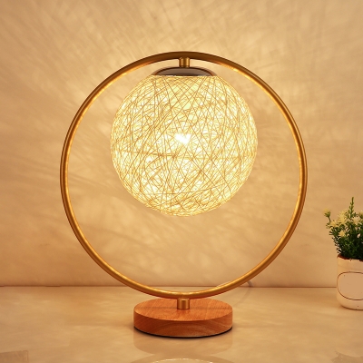 Kids Spherical Night Table Light Rattan 1 Light Bedroom Nightstand Lamp in Beige/Red with Metal Ring Deco