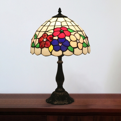 Lattice Bowl Nightstand Lamp Tiffany Stained Glass 1 Bulb Brass Floral Patterned Table Lighting for Bedroom