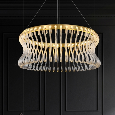 LED Living Room Suspension Light Simplicity Gold Chandelier with Curved Drum Crystal Shade