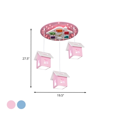 Log Cabin Wood LED Flush Mounted Lamp Kids 3-Head Pink/Blue Ceiling Fixture for Children Bedroom