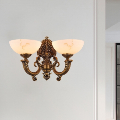 Metal Brass Wall Lighting Fixture Swirled Arm 2 Lights Traditional Sconce Light with Bowl Frosted Glass Shade