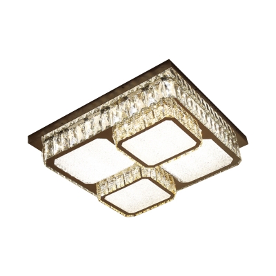 Minimal LED Flush Ceiling Light Chrome Squared Lighting Fixture with Faceted Crystal Shade in Warm/White Light