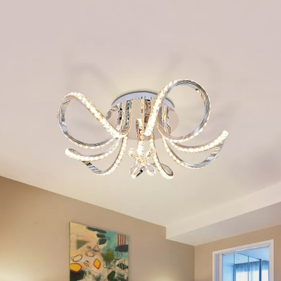 Minimal Twisted Semi Flush Light Fixture Crystal LED Bedroom Ceiling Lamp in Nickel, Warm/White Light