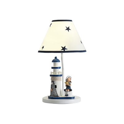 Modern Conic Desk Lighting Fabric 1 Head Nursery Night Light with Lighthouse and Boy/Girl Deco in Dark Blue