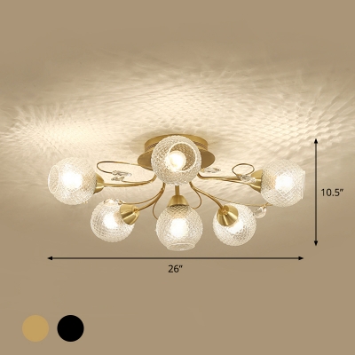 Modern Spherical Semi Mount Light Clear Prismatic Glass 6-Bulb Bedroom Ceiling Lighting in Black/Gold