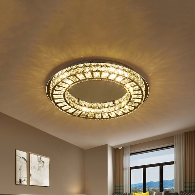 Modernism Circular Flush Mount Beveled Crystal LED Bedroom Ceiling Fixture in Chrome