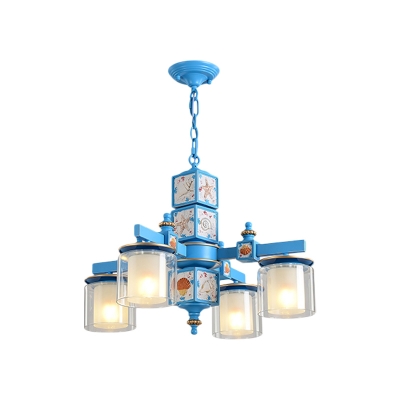 Nautical 4-Head Ceiling Chandelier Sky/Light Blue Dual Cylindrical Drop Pendant with Clear and Opaque Glass Shade