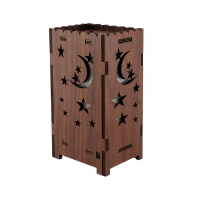 Nordic Creative Cuboid Night Light Wood Bedside LED Table Lighting with Cutouts Moon and Star Design in Brown