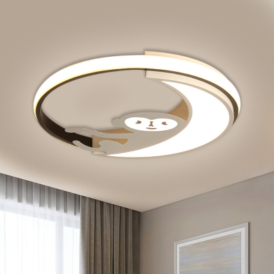 Nordic Moon Flush Mount Lighting Acrylic LED Bedroom Ceiling Light Fixture in Black/White with Monkey Pattern