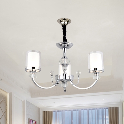 Pillar Chandelier Lighting Contemporary Clear and Frosted Glass 3 Bulbs Bedroom Hanging Light in Chrome