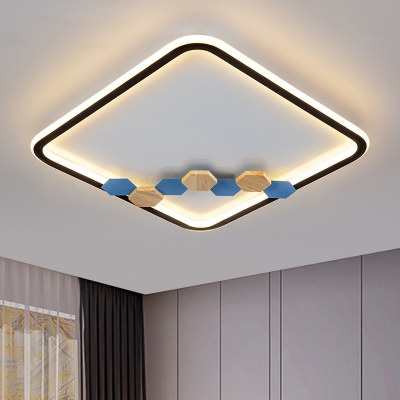 Square/Round Ceiling Mounted Light Kids Acrylic Black Finish LED Flushmount with Ginkgo Leaf/Geometric Pattern for Bedroom