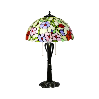 Stained Glass Gold Table Light Dome/Cone 2-Bulb Victorian Pull Chain Nightstand Lamp with Blossom Pattern