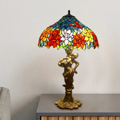 Tiffany Bowl Night Table Light 3-Bulb Cut Glass Floral Patterned Nightstand Lamp in Gold with Naked Woman Base