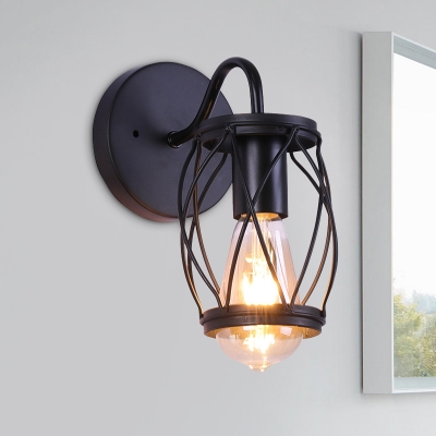 1 Bulb Wall Light Sconce Warehouse Dining Room Wall Lighting Ideas with Cylinder Cage Metal Shade in Black
