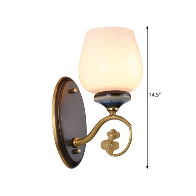 1-Light Opal Glass Wall Lamp Countryside Brass Tulip Wall Mount Light Fixture for Living Room