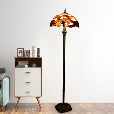 2-Light Living Room Reading Floor Lighting Baroque Brass Leaf and Fruit Patterned Floor Lamp with Bowl Cut Glass Shade