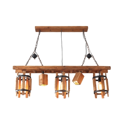 5-Bulb Island Chandelier Antiqued Dining Room Pendant Light Kit with Cylinder Wood Shade in Grey/Brown