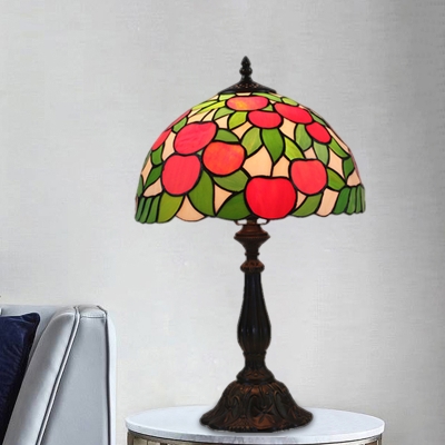 Apple Nightstand Lamp Mediterranean Stained Glass 1 Light Green and Red Night Lighting with Bowl Shade for Bedroom