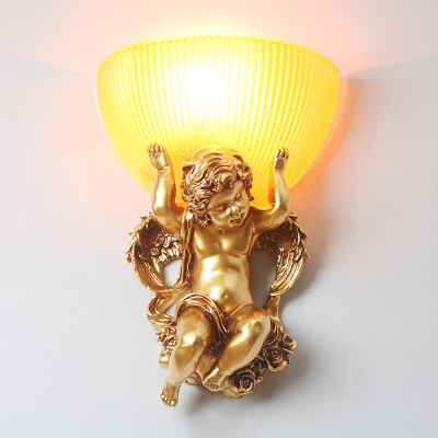 Bowl Shade Bedroom Wall Lamp Countryside Frosted Ribbed Glass 1 Bulb White/Gold Wall Light Fixture with Resin Angel Deco