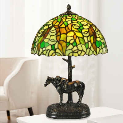 Bowl Shaped Table Lighting 1 Light Hand Cut Glass Tiffany Leaf Patterned Night Lamp in Bronze with Resin Horse Base