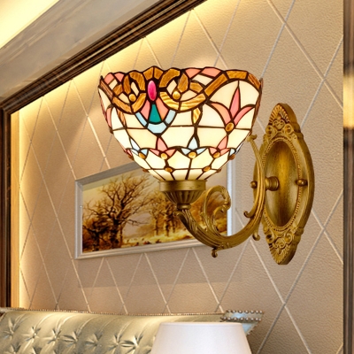 Bowl Shaped Wall Lamp Mediterranean Cut Glass 1-Light Gold Tulip Patterned Wall Light Fixture with Curvy Arm