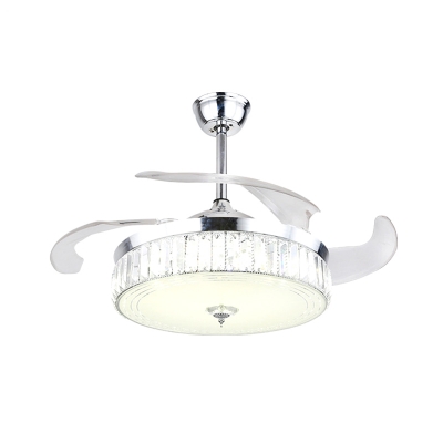 Chrome Round Fan Light Fixture Contemporary Faceted Crystal LED Semi Flush Mount with 3 Blades, 19