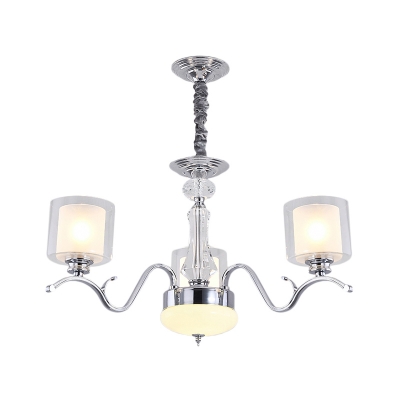 Clear and Milk Glass Dual Cylinder Chandelier Modernism 3 Bulbs Suspension Lighting in Chrome