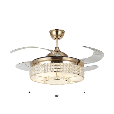 Clear Crystal Round Hanging Fan Light Modernity LED Gold Semi Mount Lighting with 4 Blades, 16