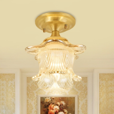 Clear Ribbed Glass Gold Semi Flush Light Flower 1 Head Traditional Close to Ceiling Lighting for Corridor